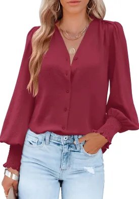Aifer Womens Blouse Lantern Long Sleeve Dressy Casual Tops V Neck Button Down Shirts Blouses 2025
