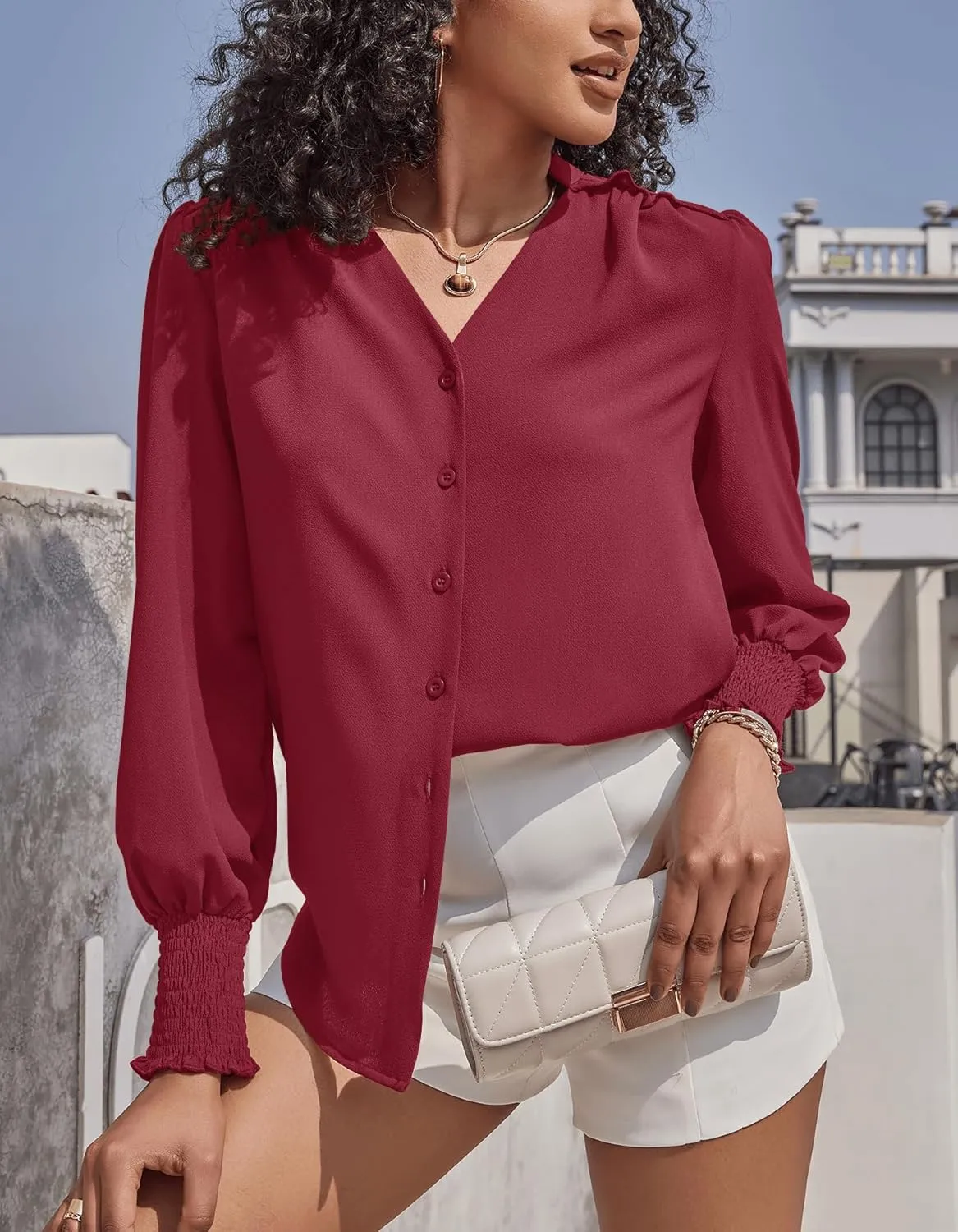 Aifer Womens Blouse Lantern Long Sleeve Dressy Casual Tops V Neck Button Down Shirts Blouses 2025