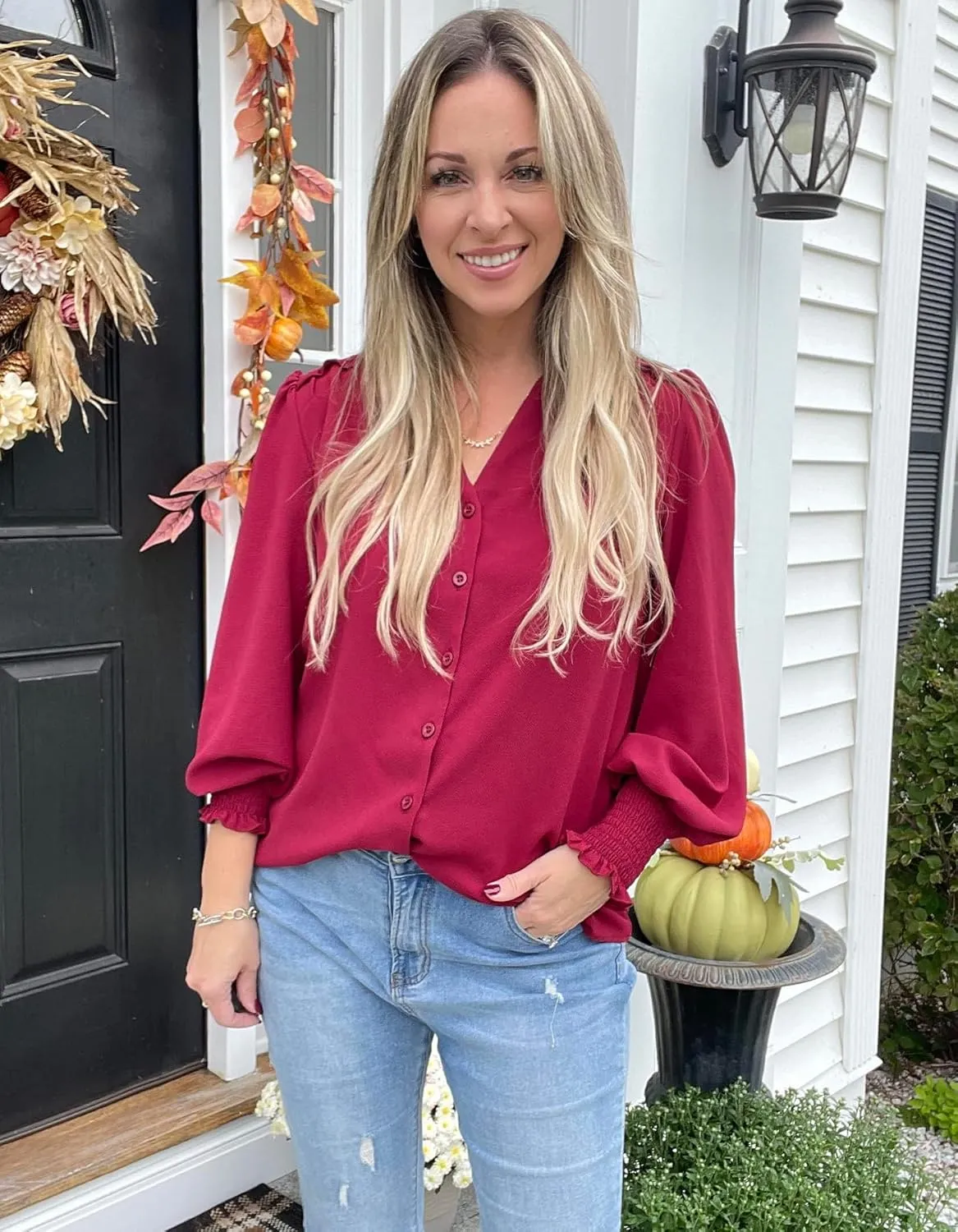 Aifer Womens Blouse Lantern Long Sleeve Dressy Casual Tops V Neck Button Down Shirts Blouses 2025