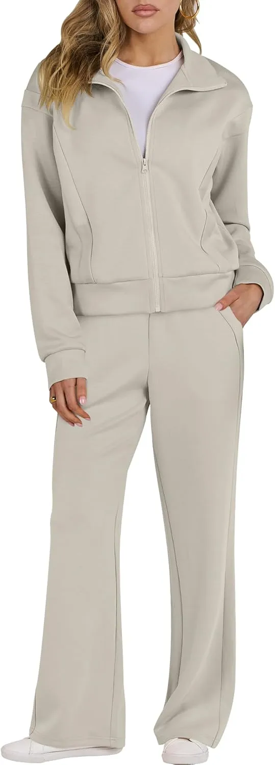 ANRABESS Lounge Sets for Women 2 Piece Outfits Sweatsuit Fall Zip Up Sweatshirts Wide Leg Pants Matching Sweat Set Tracksuit