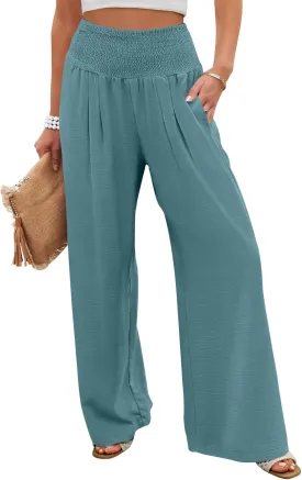 ANRABESS Women Palazzo Pants Summer Flowy Wide Leg High Waist Lounge Trousers with Pockets 2025 Casual Beach Vacation Outfits