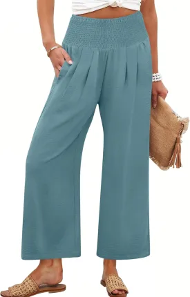 ANRABESS Womens Pants Wide Leg High Waisted Palazzo Pants Summer Flowy Beach Lounge Casual Trousers with Pockets