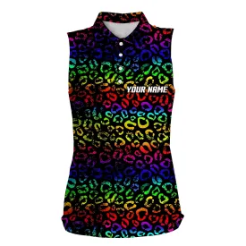 Colorful neon Rainbow leopard Womens sleeveless polo shirts, team golf shirt gift for golf lovers
