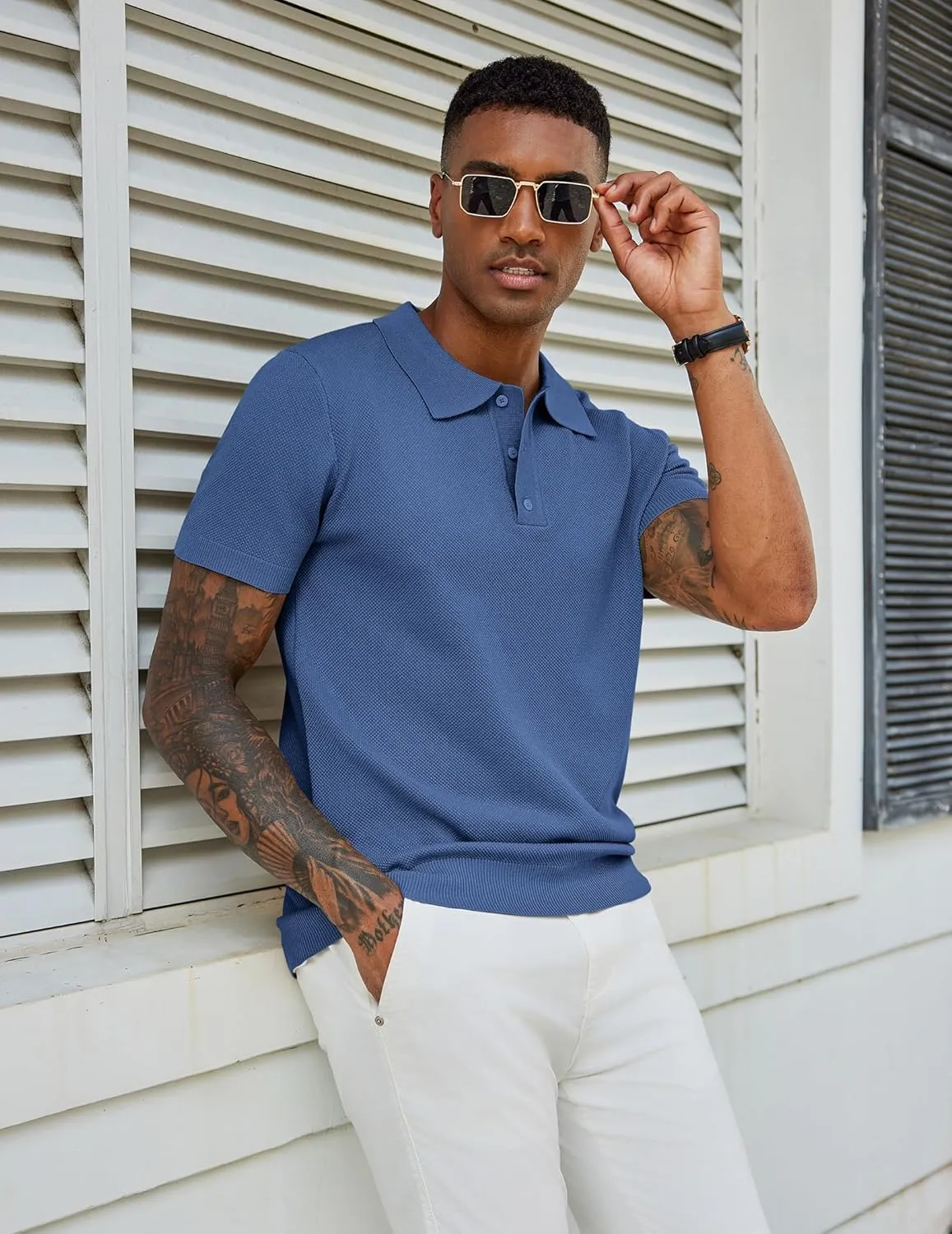 COOFANDY Mens Knit Polo Shirts Short Sleeve Classic Fit Shirts Casual Goft Collared Textured T Shirt