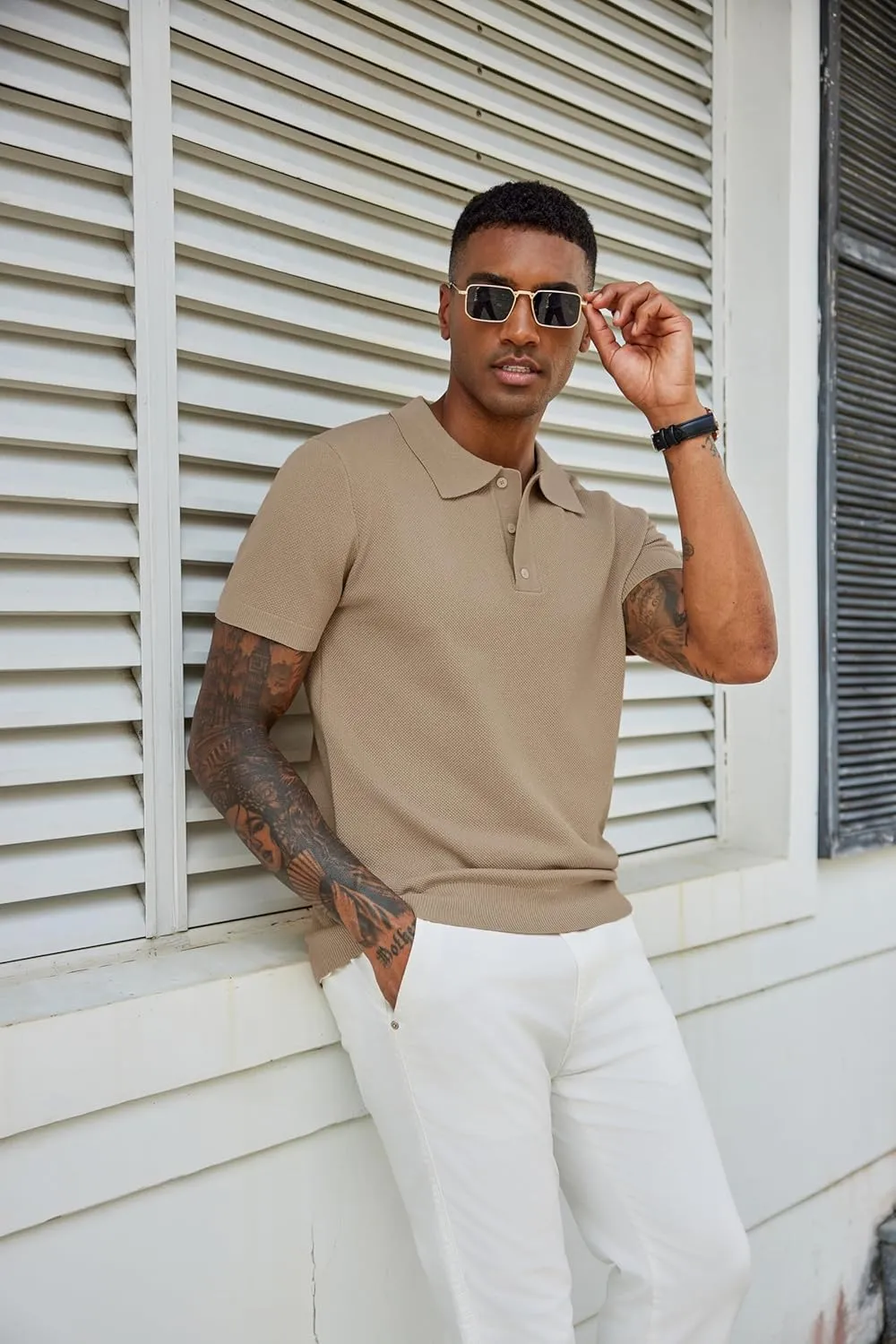 COOFANDY Mens Knit Polo Shirts Short Sleeve Classic Fit Shirts Casual Goft Collared Textured T Shirt