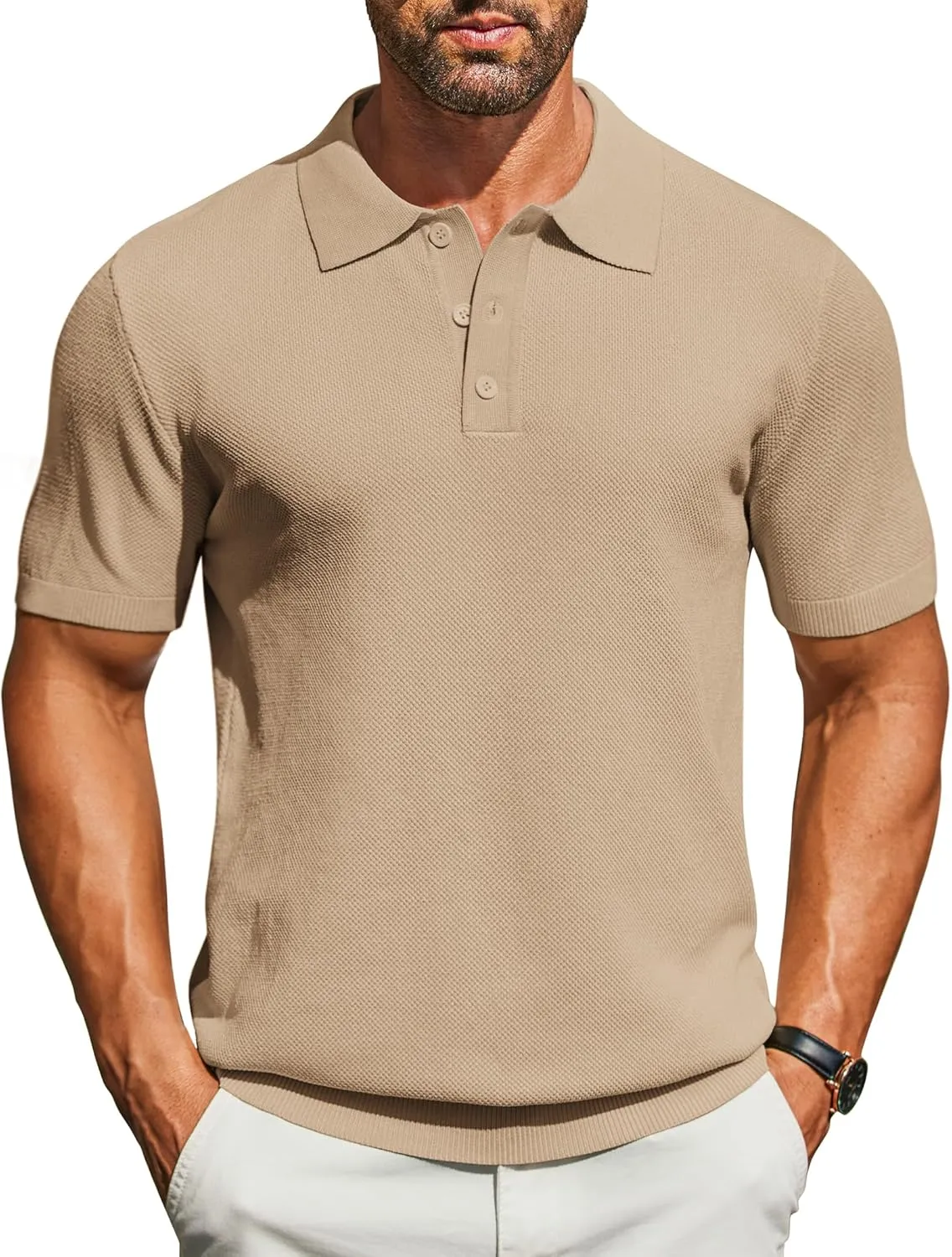 COOFANDY Mens Knit Polo Shirts Short Sleeve Classic Fit Shirts Casual Goft Collared Textured T Shirt