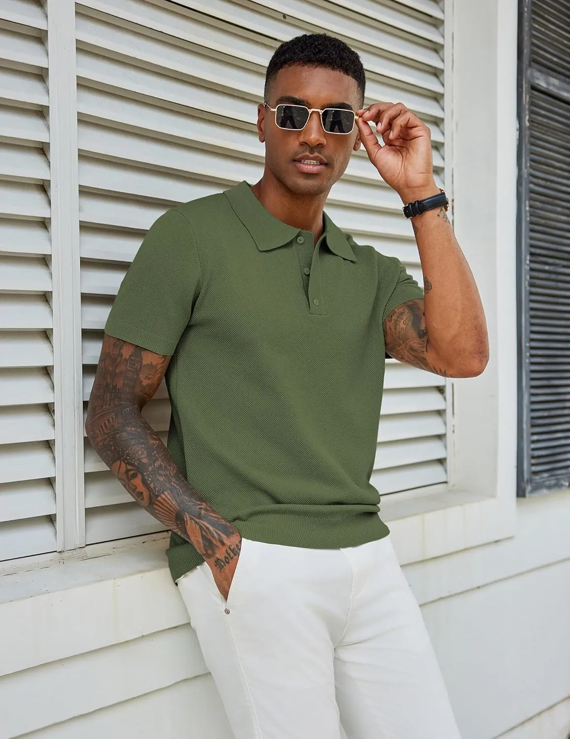 COOFANDY Mens Knit Polo Shirts Short Sleeve Classic Fit Shirts Casual Goft Collared Textured T Shirt