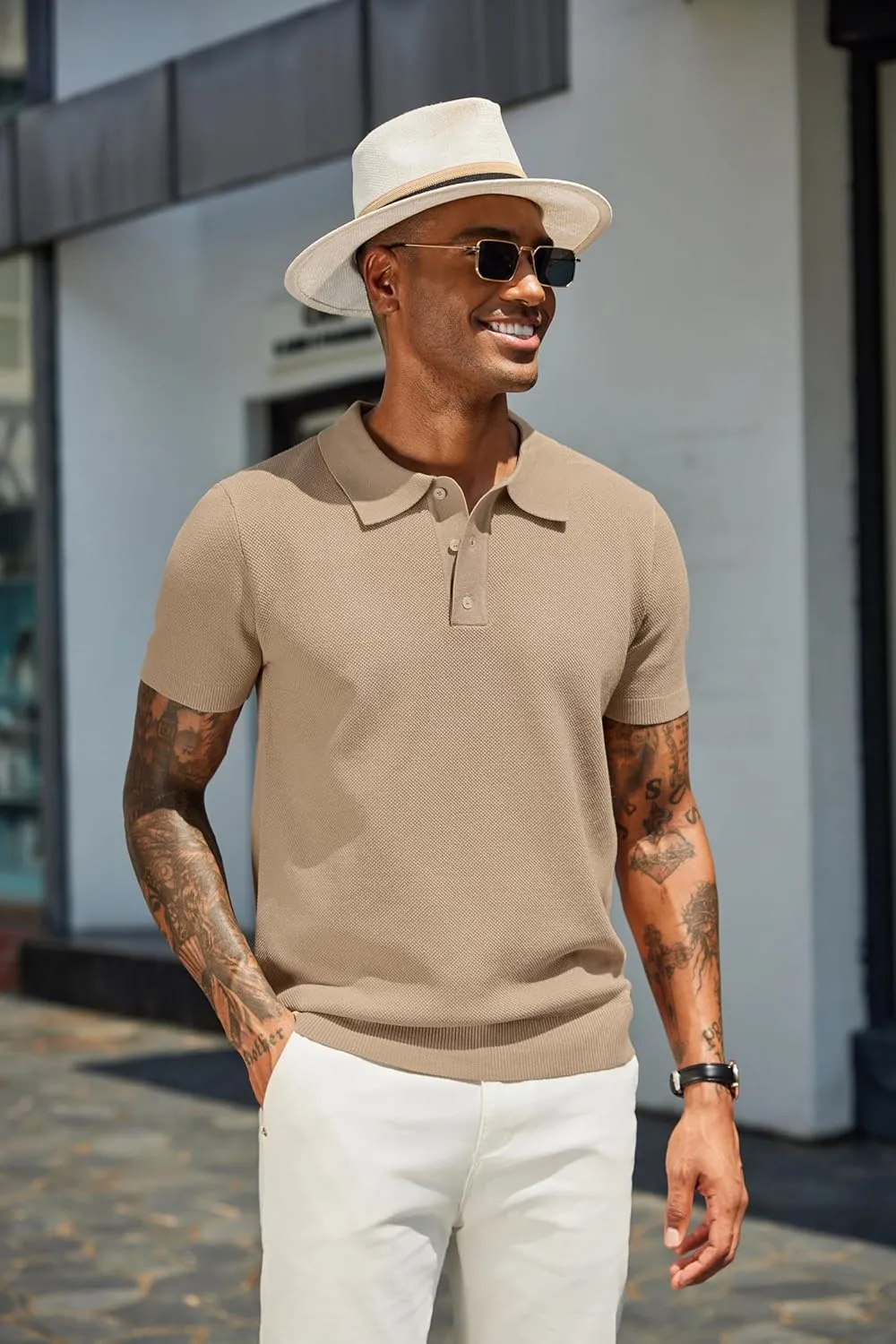 COOFANDY Mens Knit Polo Shirts Short Sleeve Classic Fit Shirts Casual Goft Collared Textured T Shirt