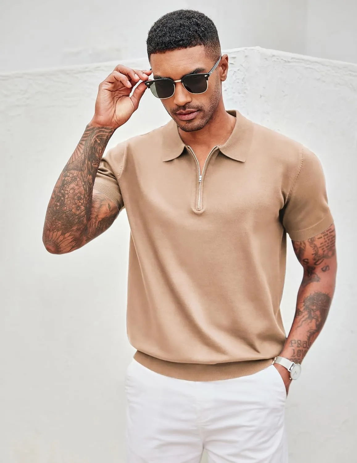 COOFANDY Men's Zipper Polo Shirt Casual Knit Short Sleeve Polo T Shirt Classic Fit Shirts