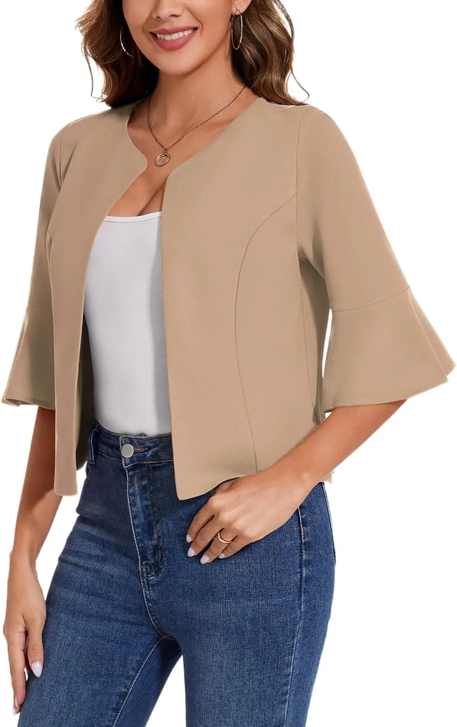 Cropped Blazers for Women Casual Elegant Open Front Collarless Blazer Flared 3/4 Sleeve Cardigan Suit Jacket
