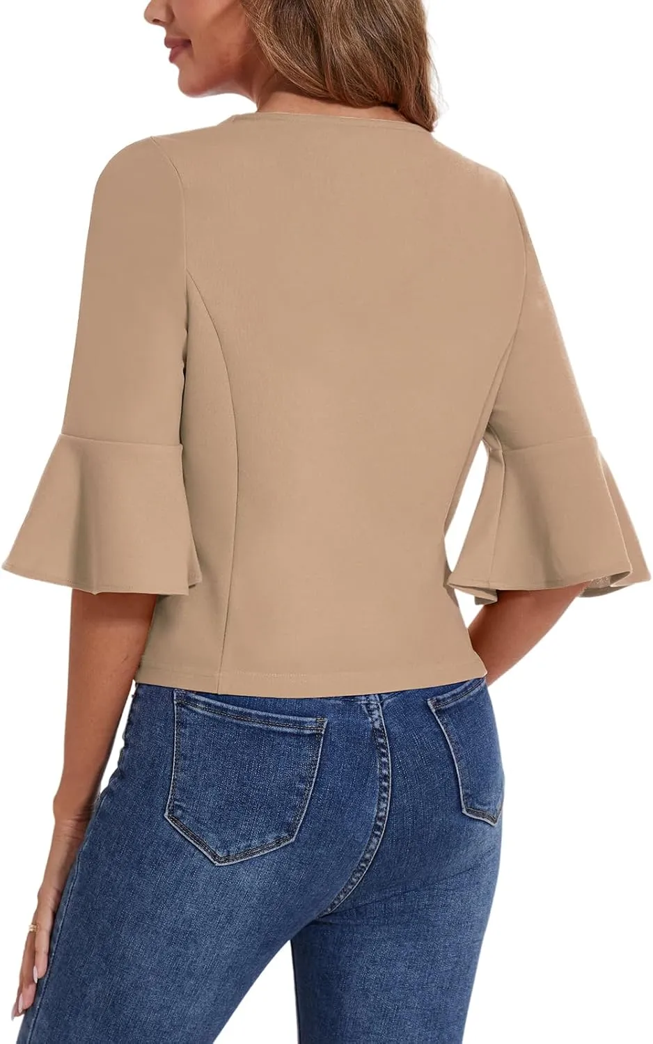Cropped Blazers for Women Casual Elegant Open Front Collarless Blazer Flared 3/4 Sleeve Cardigan Suit Jacket
