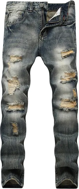 DANT BULUN Men's Ripped Distressed Destroyed Slim Fit Straight Leg Denim Jeans