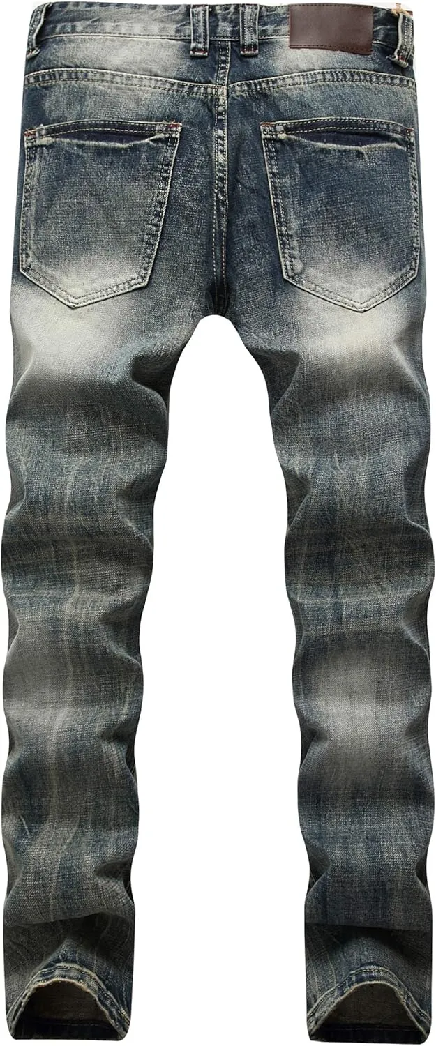 DANT BULUN Men's Ripped Distressed Destroyed Slim Fit Straight Leg Denim Jeans