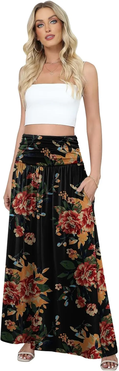 DouBCQ Maxi Skirts for Women High Waisted Long Skirts with Pockets Ankle Length Casual Skirt