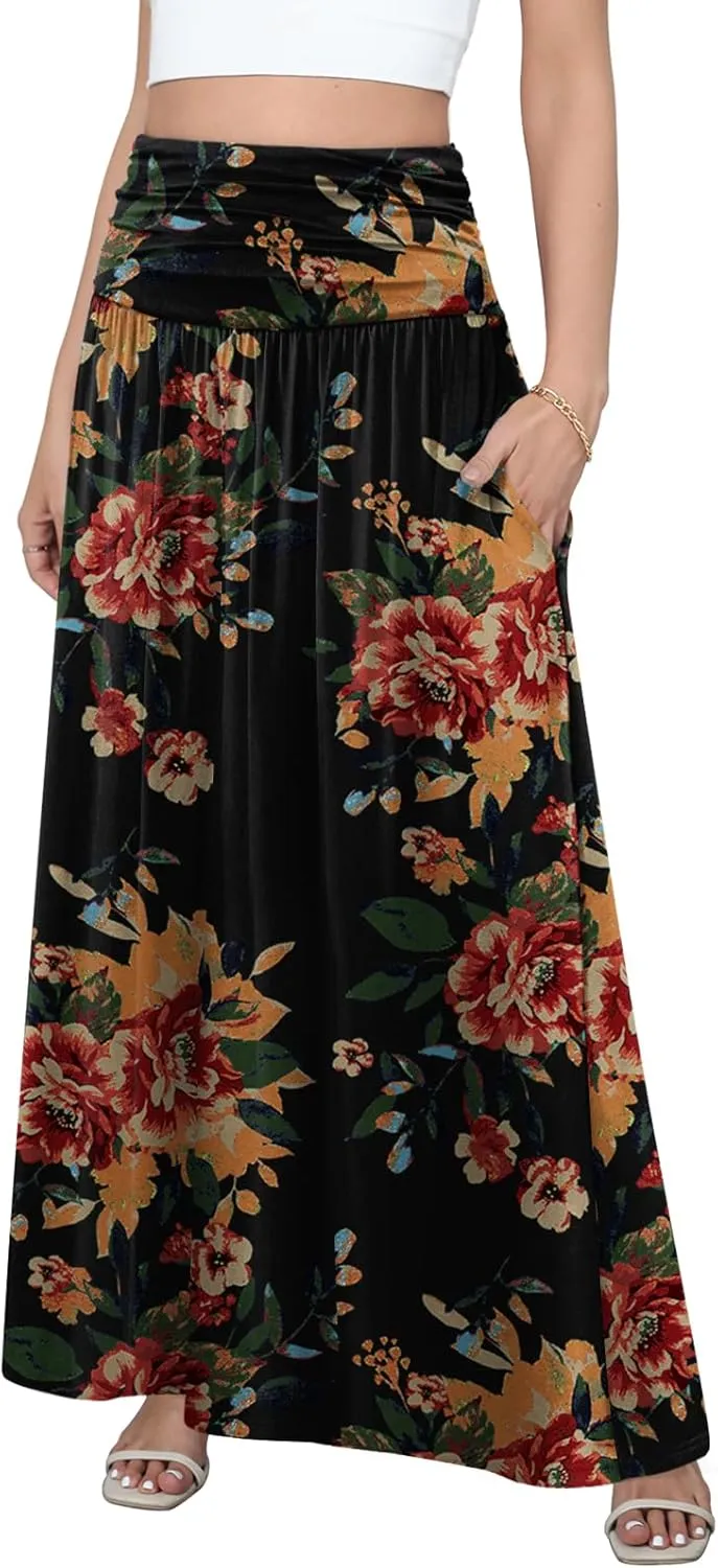 DouBCQ Maxi Skirts for Women High Waisted Long Skirts with Pockets Ankle Length Casual Skirt