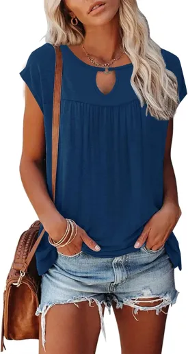 ETCYY Womens Summer Tops 2025 Casual Dressy Cap Sleeve Shirts Trendy Pleated Fashion Boho Floral Print Loose Fit Blouse