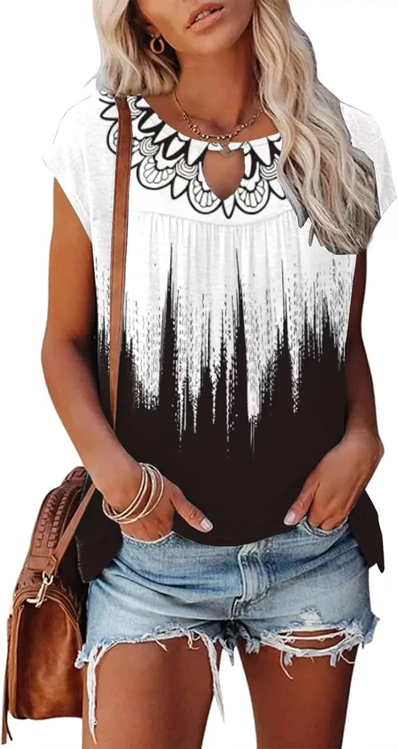 ETCYY Womens Summer Tops 2025 Casual Dressy Cap Sleeve Shirts Trendy Pleated Fashion Boho Floral Print Loose Fit Blouse