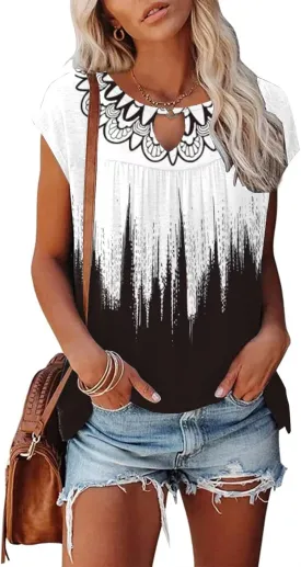 ETCYY Womens Summer Tops 2025 Casual Dressy Cap Sleeve Shirts Trendy Pleated Fashion Boho Floral Print Loose Fit Blouse