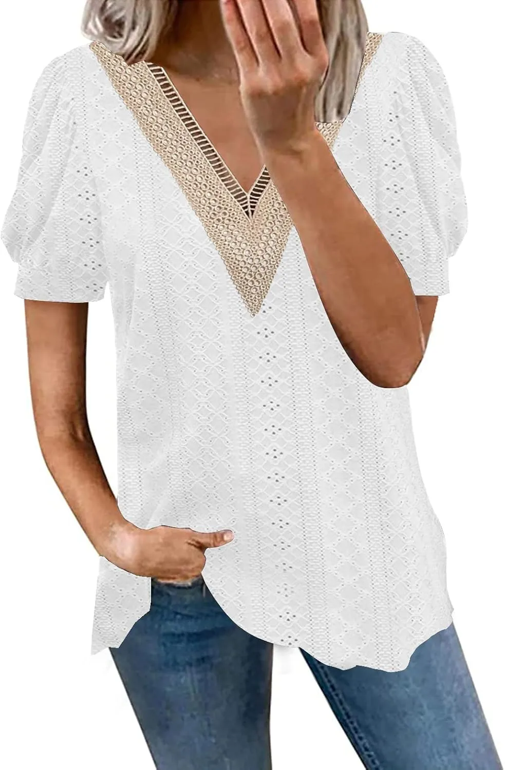 ETCYY Womens Tops Causal Puff Sleeve Summer Trendy Cute Print Lace V Neck Solid Color Loose Fit Short Sleeve Shirts