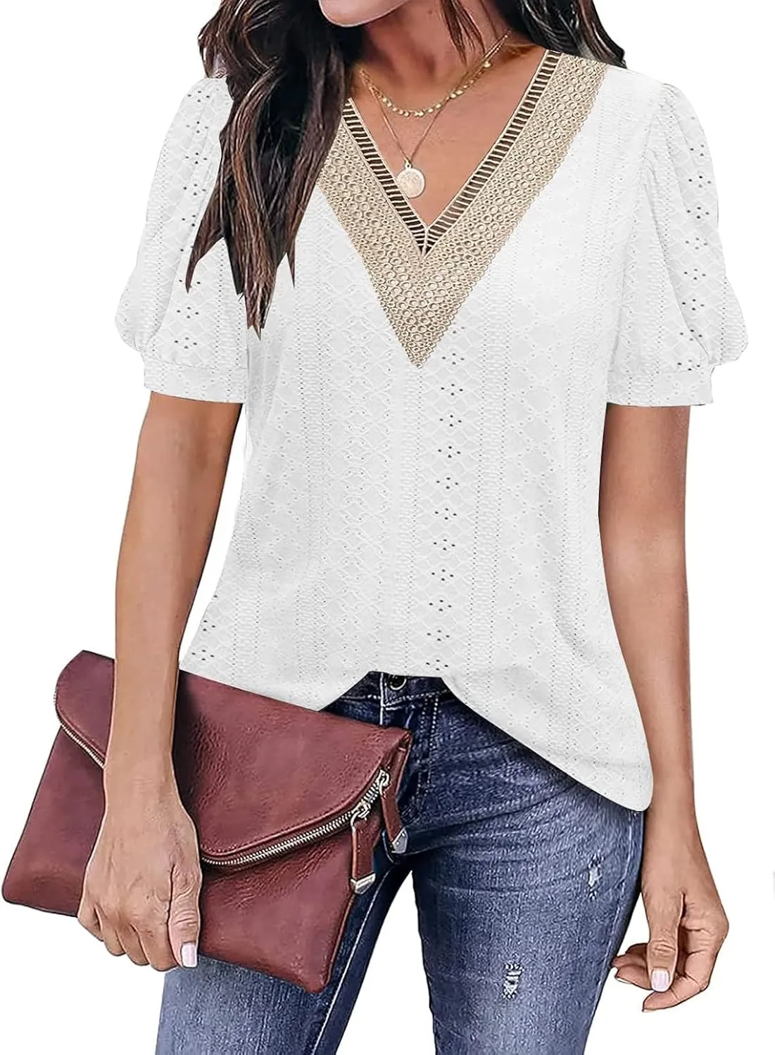 ETCYY Womens Tops Causal Puff Sleeve Summer Trendy Cute Print Lace V Neck Solid Color Loose Fit Short Sleeve Shirts