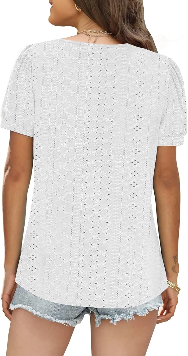 ETCYY Womens Tops Causal Puff Sleeve Summer Trendy Cute Print Lace V Neck Solid Color Loose Fit Short Sleeve Shirts