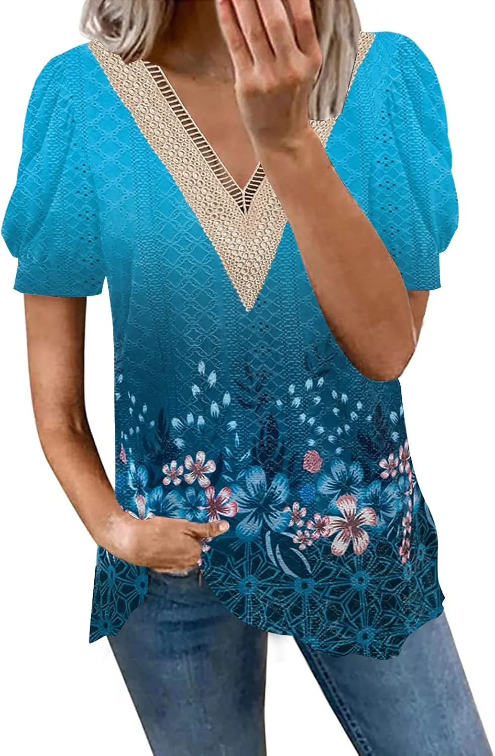 ETCYY Womens Tops Causal Puff Sleeve Summer Trendy Cute Print Lace V Neck Solid Color Loose Fit Short Sleeve Shirts