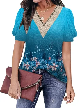 ETCYY Womens Tops Causal Puff Sleeve Summer Trendy Cute Print Lace V Neck Solid Color Loose Fit Short Sleeve Shirts