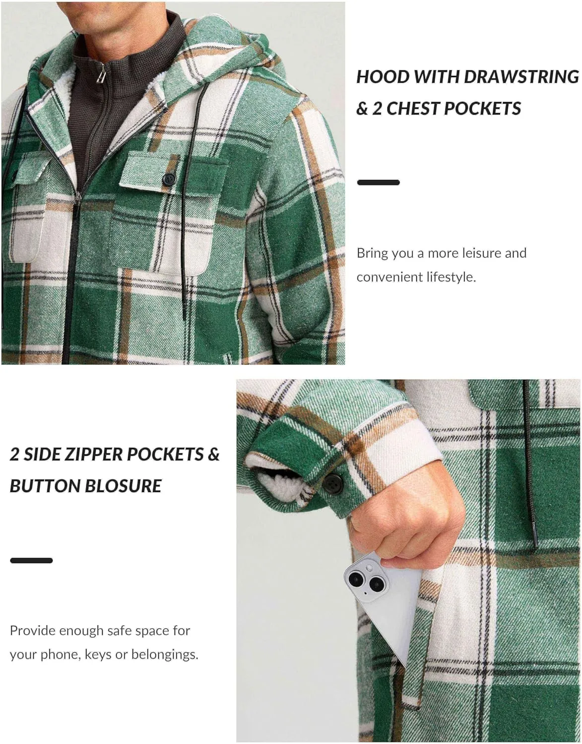 G Gradual Men's Flannel Jacket Fleece Sherpa Lined Hoodies Zip Up Plaid Shirt Warm Winter Jackets for Men with Zipper Pockets