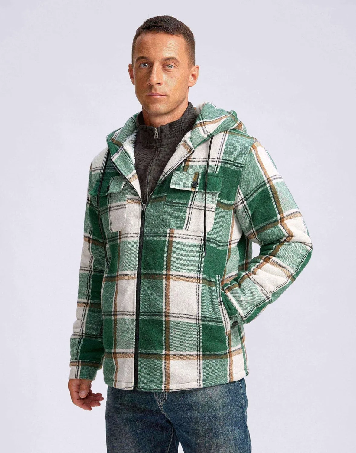 G Gradual Men's Flannel Jacket Fleece Sherpa Lined Hoodies Zip Up Plaid Shirt Warm Winter Jackets for Men with Zipper Pockets