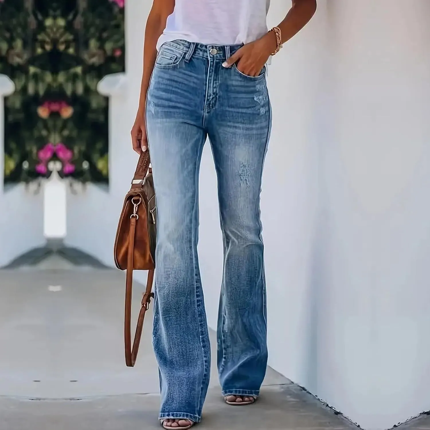 High Rise Flare Jeans for Woman Denim Distressed Stretchy Bootcut Cowgirl Jeans Boyfriend Country Bell Bottom Pants