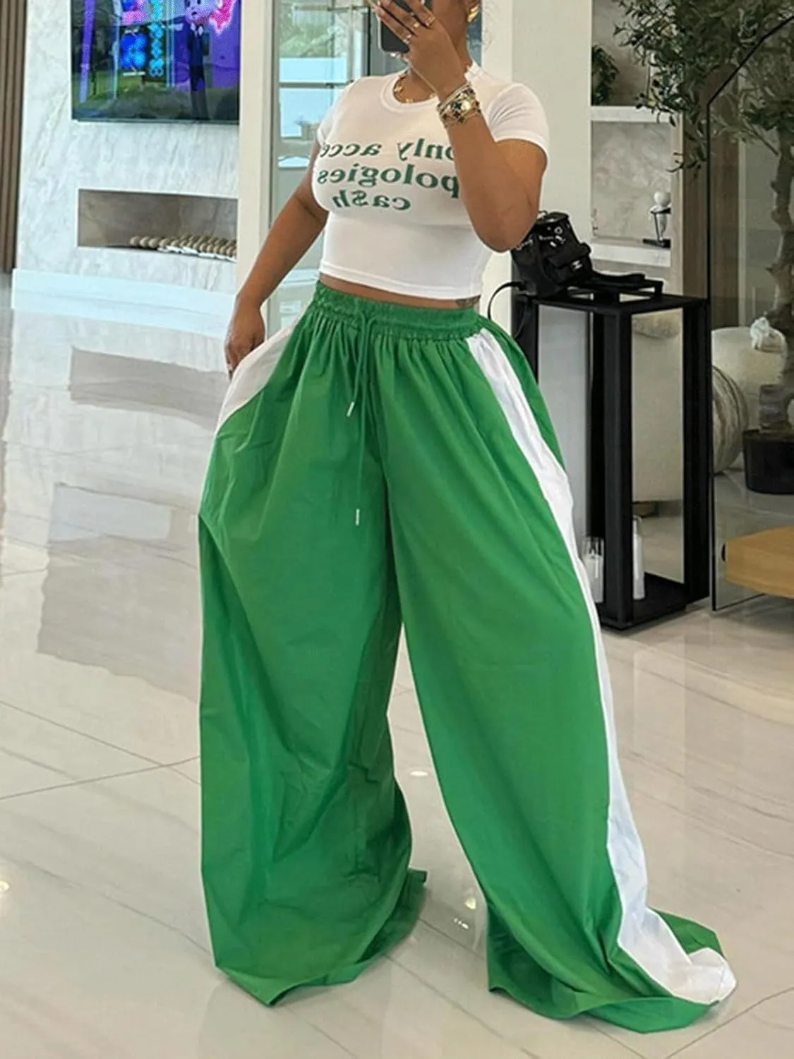 KANSOON Wide Leg Pants Woman Casual Elastic High Waisted Palazzo Lounge Pants Loose Pleated Drawstring Trousers