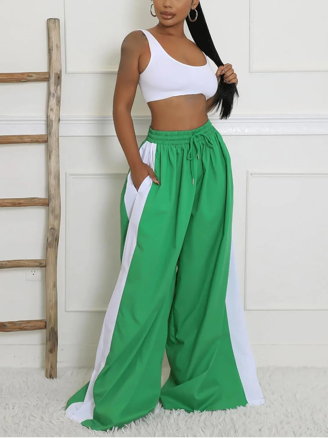 KANSOON Wide Leg Pants Woman Casual Elastic High Waisted Palazzo Lounge Pants Loose Pleated Drawstring Trousers