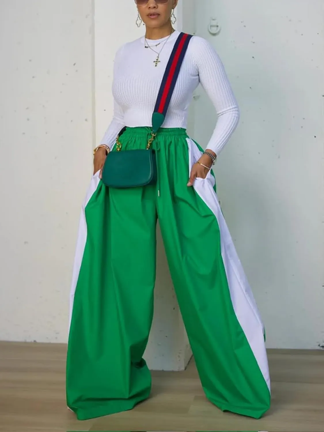 KANSOON Wide Leg Pants Woman Casual Elastic High Waisted Palazzo Lounge Pants Loose Pleated Drawstring Trousers
