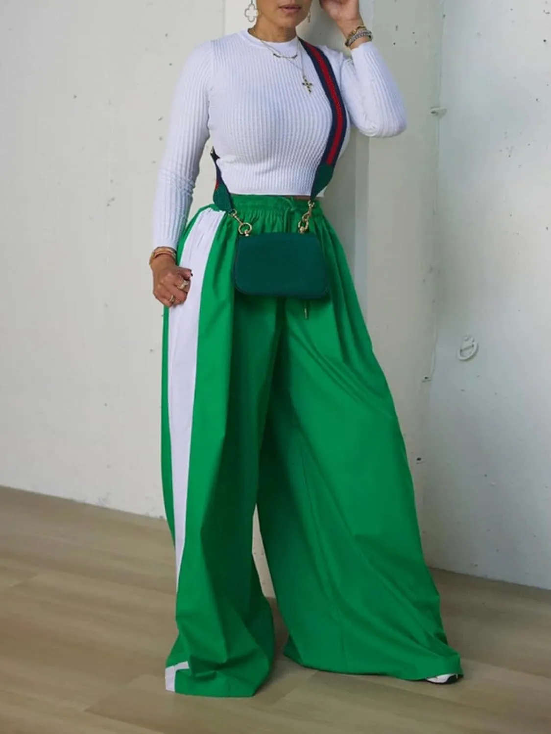 KANSOON Wide Leg Pants Woman Casual Elastic High Waisted Palazzo Lounge Pants Loose Pleated Drawstring Trousers
