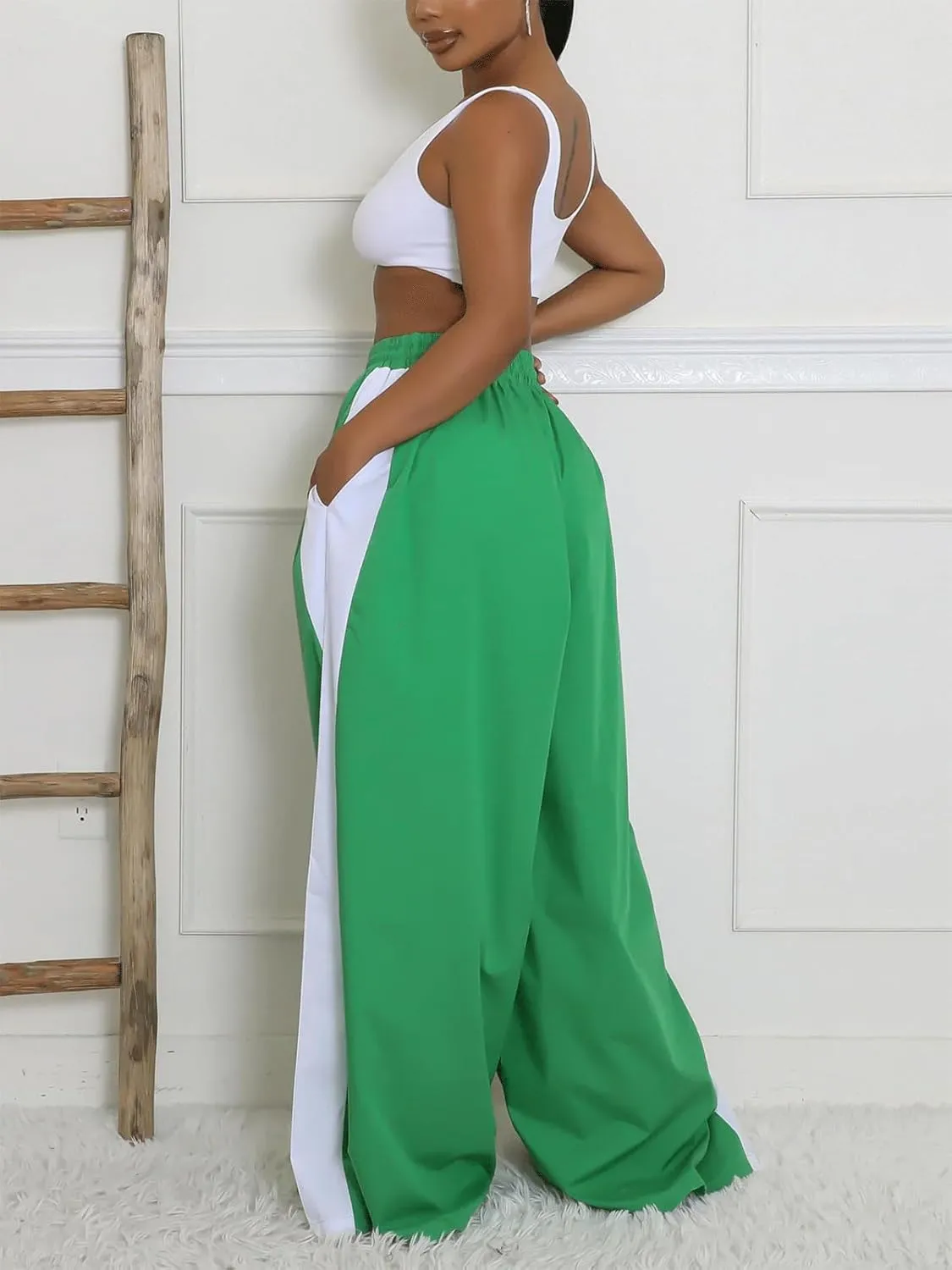 KANSOON Wide Leg Pants Woman Casual Elastic High Waisted Palazzo Lounge Pants Loose Pleated Drawstring Trousers