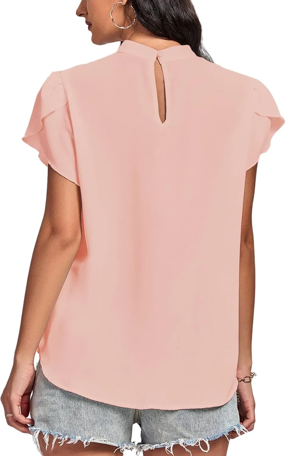 LYANER Womens Casual Mock Neck Basic Pleated Wrap Short Sleeve Curved Keyhole Back Blouse Shirt Top