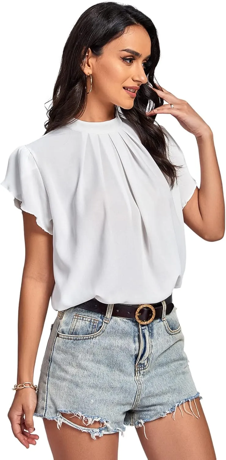 LYANER Womens Casual Mock Neck Basic Pleated Wrap Short Sleeve Curved Keyhole Back Blouse Shirt Top