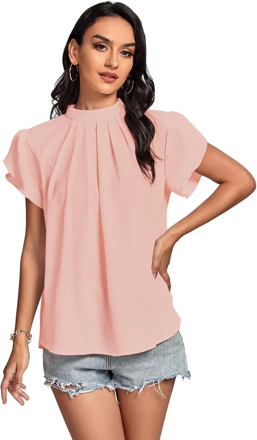 LYANER Womens Casual Mock Neck Basic Pleated Wrap Short Sleeve Curved Keyhole Back Blouse Shirt Top