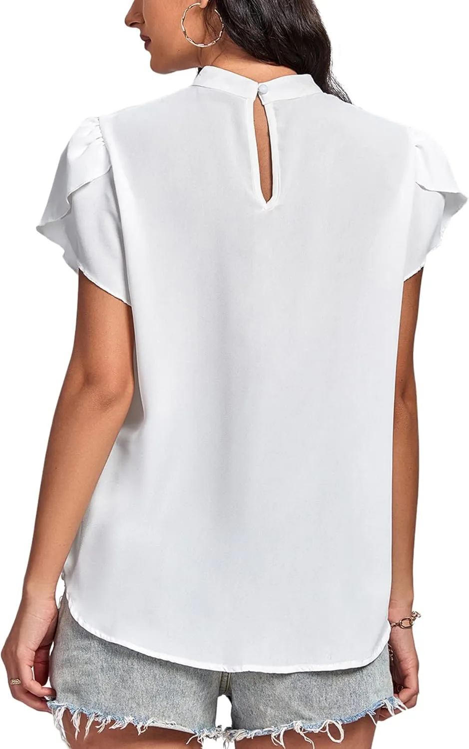 LYANER Womens Casual Mock Neck Basic Pleated Wrap Short Sleeve Curved Keyhole Back Blouse Shirt Top