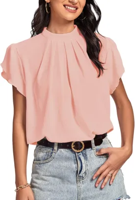 LYANER Womens Casual Mock Neck Basic Pleated Wrap Short Sleeve Curved Keyhole Back Blouse Shirt Top