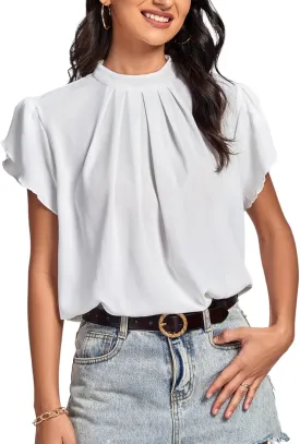 LYANER Womens Casual Mock Neck Basic Pleated Wrap Short Sleeve Curved Keyhole Back Blouse Shirt Top