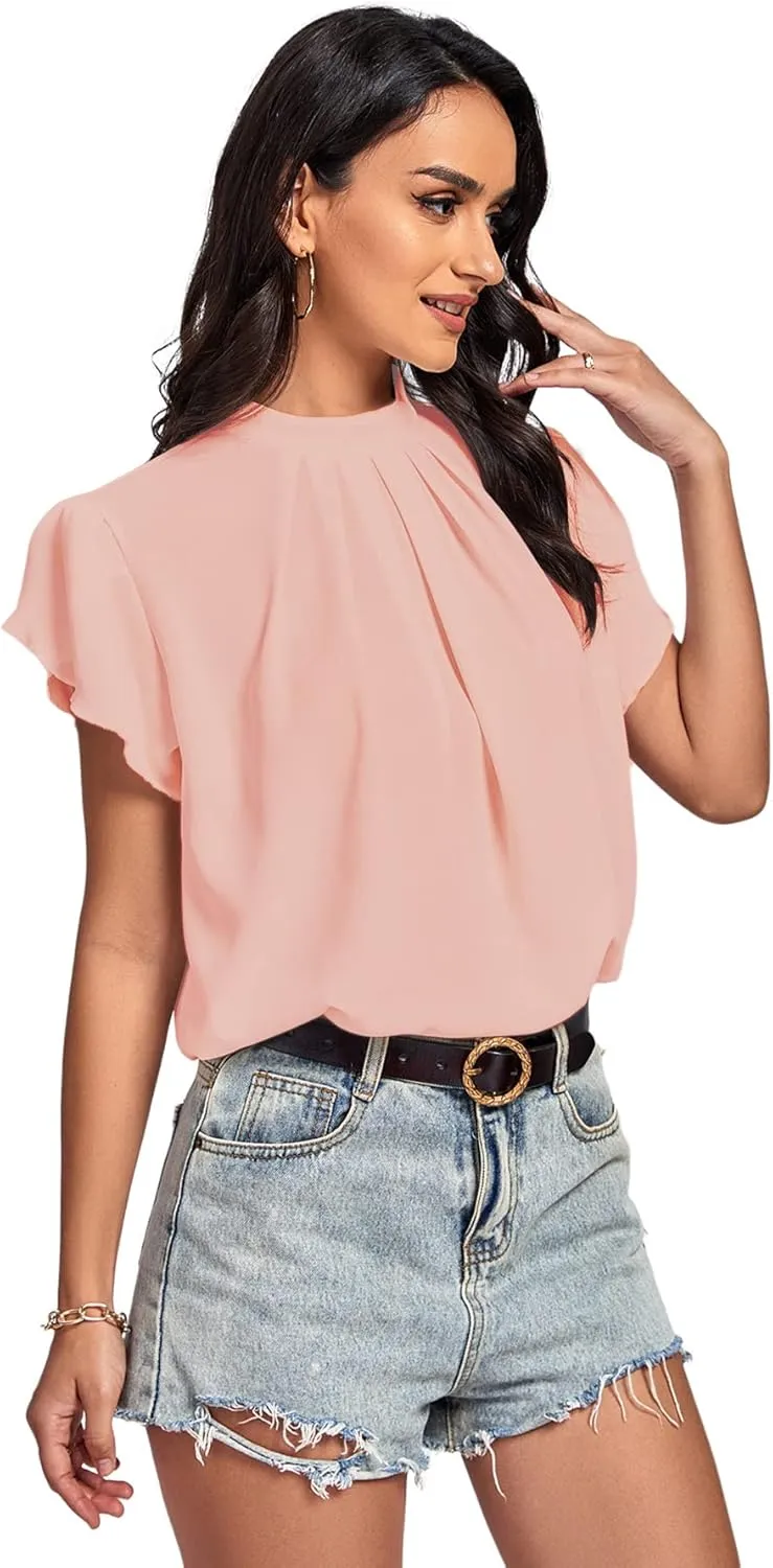 LYANER Womens Casual Mock Neck Basic Pleated Wrap Short Sleeve Curved Keyhole Back Blouse Shirt Top