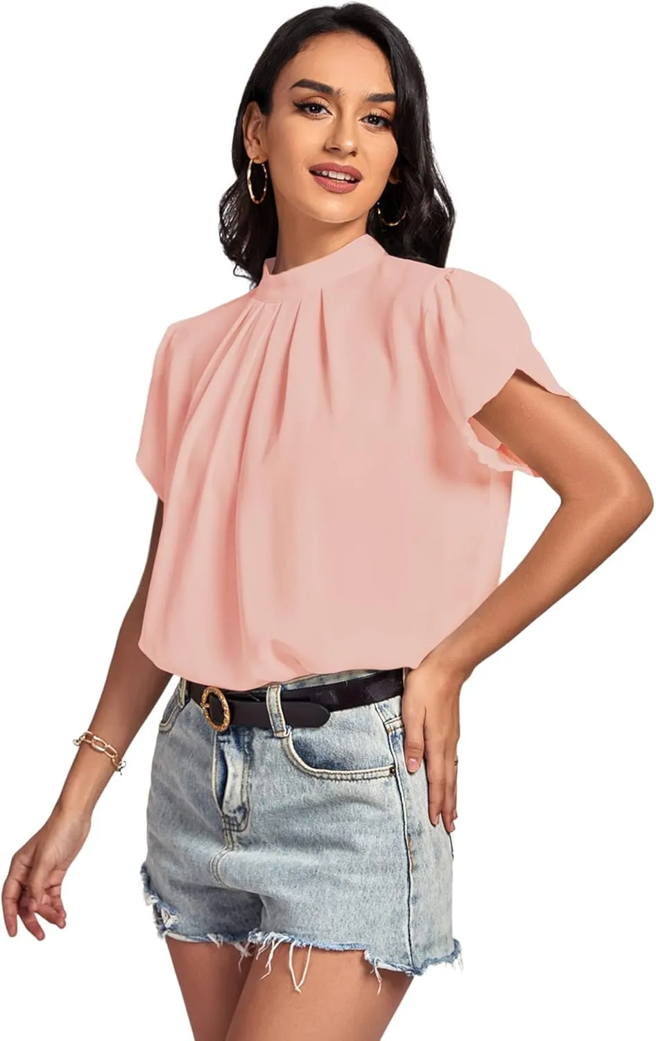 LYANER Womens Casual Mock Neck Basic Pleated Wrap Short Sleeve Curved Keyhole Back Blouse Shirt Top