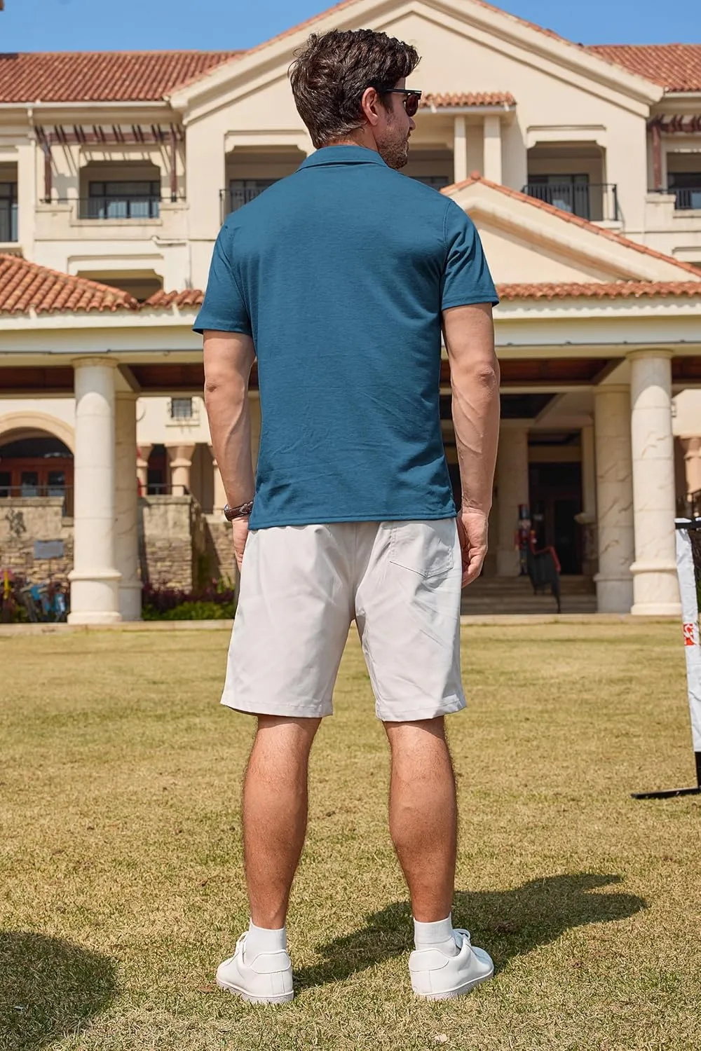 Mens Casual Polo Shirts Classic Short Sleeve Basic Golf Button Shirt with Pocket