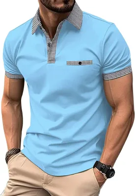Mens Classic Polo Shirt Casual Short Sleeve Plaid Splice T-Shirts Regular-Fit Business&Golf Polo Shirts