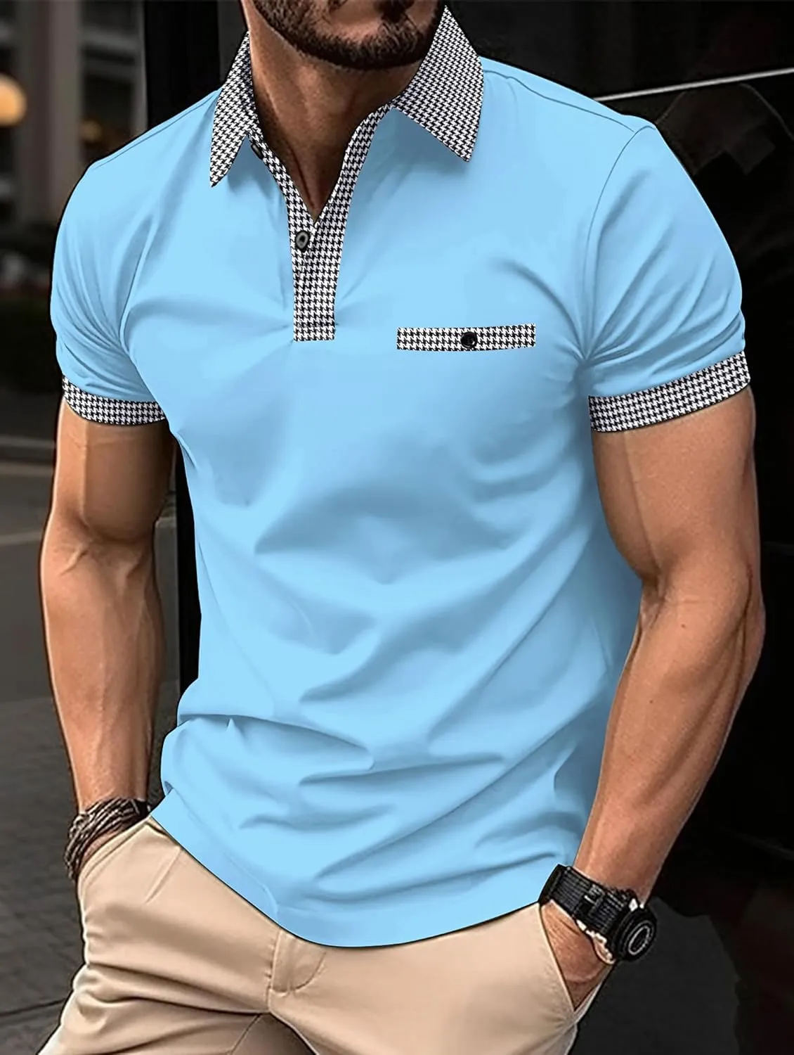 Mens Classic Polo Shirt Casual Short Sleeve Plaid Splice T-Shirts Regular-Fit Business&Golf Polo Shirts