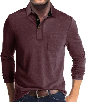 Men's Long Sleeve Polo Shirts Casual Button Classic Work Shirt Cotton Collared Basic Golf Shirt with Pocket