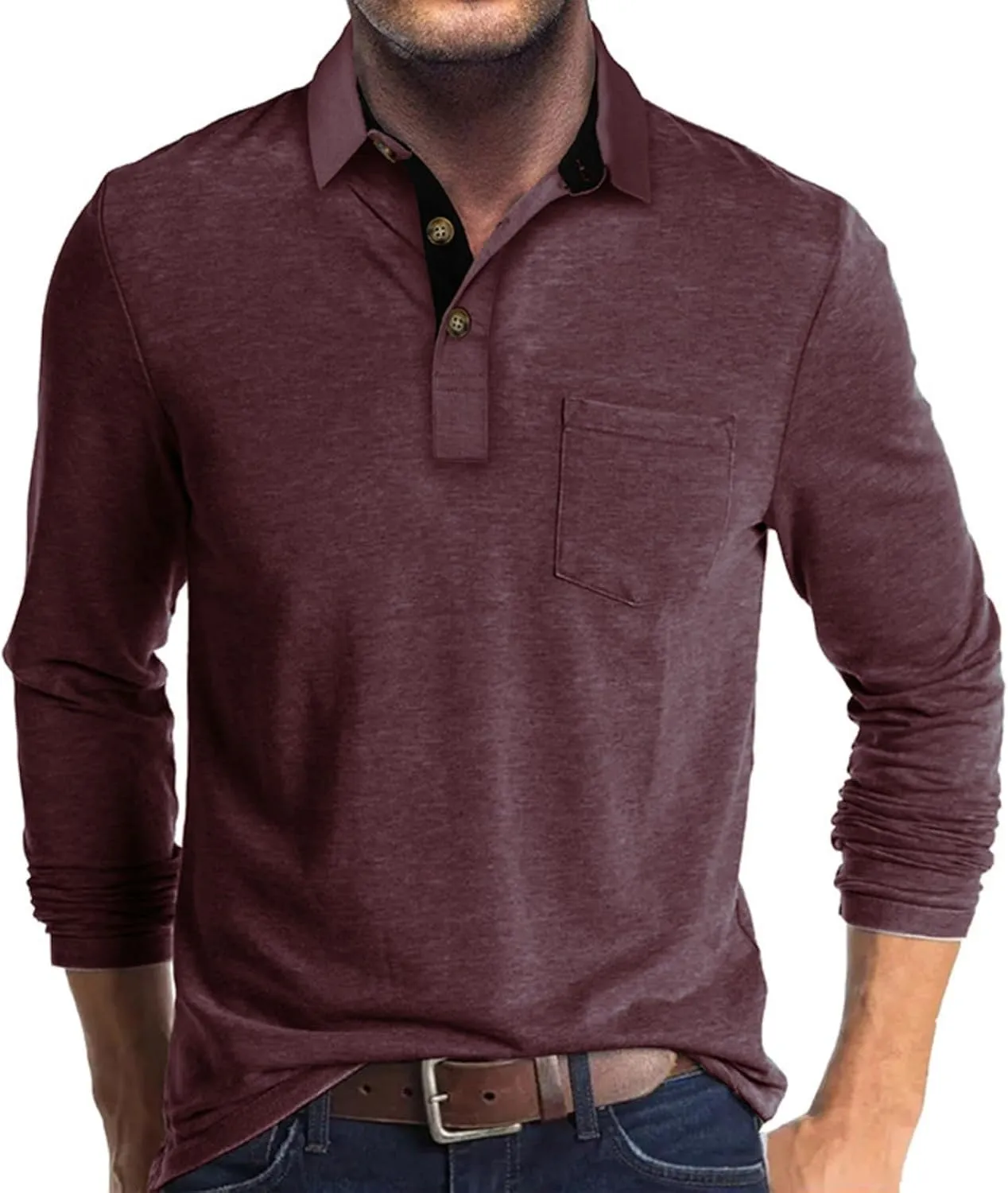 Men's Long Sleeve Polo Shirts Casual Button Classic Work Shirt Cotton Collared Basic Golf Shirt with Pocket