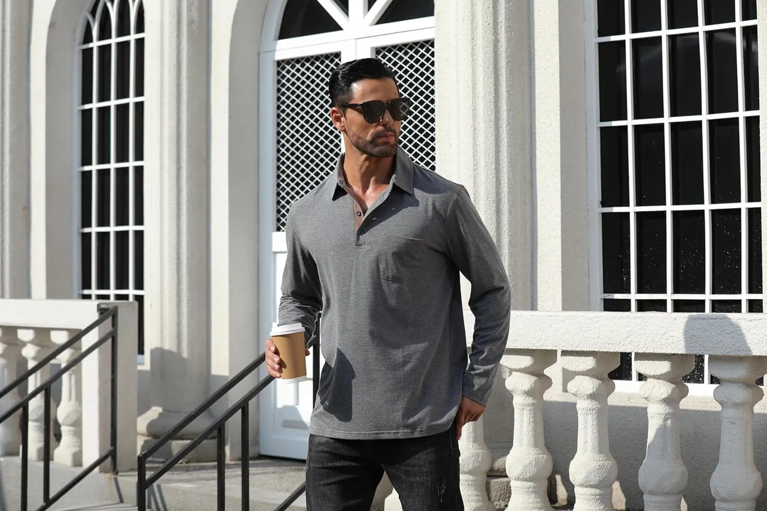 Men's Long Sleeve Polo Shirts Cotton Casual Button T Shirt with Pocket Classic Work Collared Basic Golf Shirts