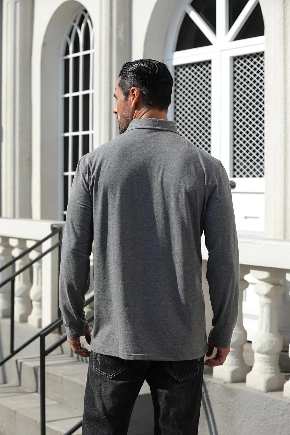Men's Long Sleeve Polo Shirts Cotton Casual Button T Shirt with Pocket Classic Work Collared Basic Golf Shirts